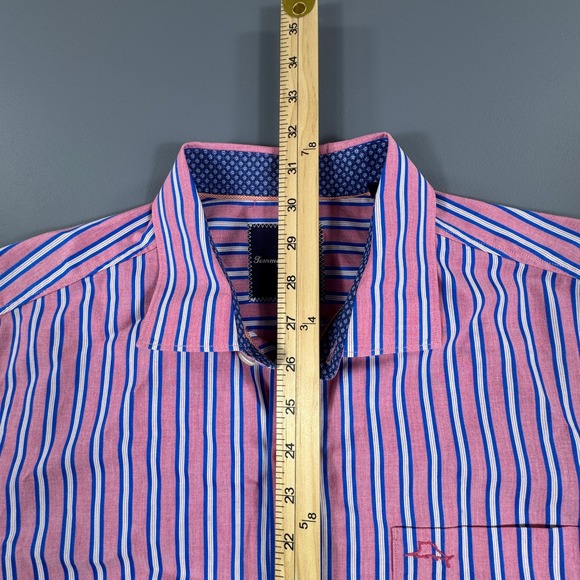 Tommy Bahama Mens Medium Pink Blue Stripe Button‎ Down Shirt 100% Pima Cotton - Picture 3 of 8